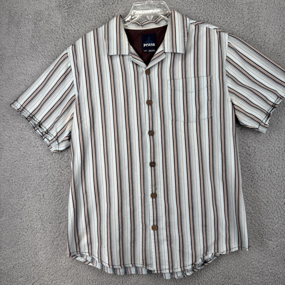 prAna Mens Large Short Sleeve Button Up Shirt Blue Brown Stripe M1AVIL114